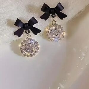 Elegant Black Bow and Silver Crystal Earrings